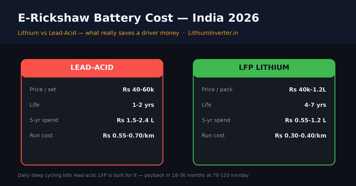 E-rickshaw battery cost India 2026 — lithium vs lead-acid
