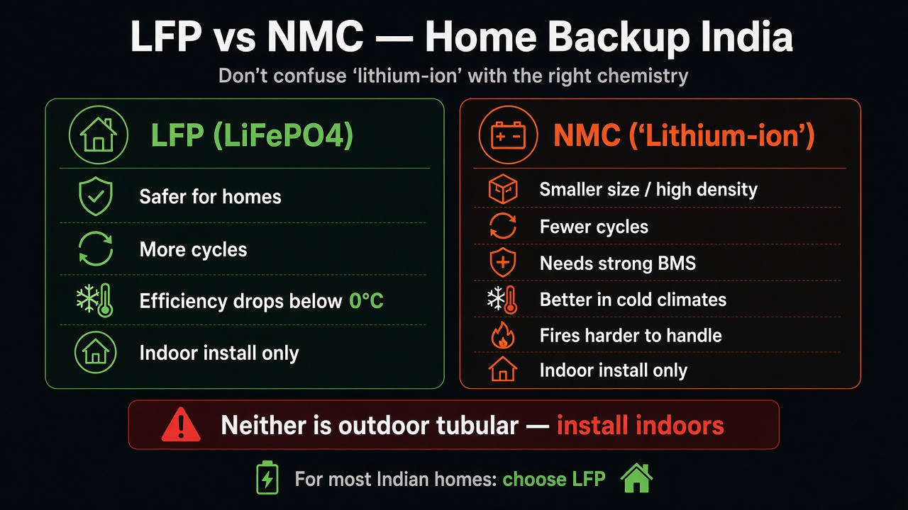 Infographic comparing LFP LiFePO4 vs NMC lithium-ion for Indian home backup — cycles, cold climate, fire severity, indoor install
