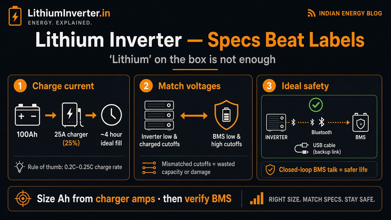 Infographic: lithium inverter specs — 100Ah needs 25A charger at 25%, match BMS voltages, Bluetooth or USB BMS link ideal
