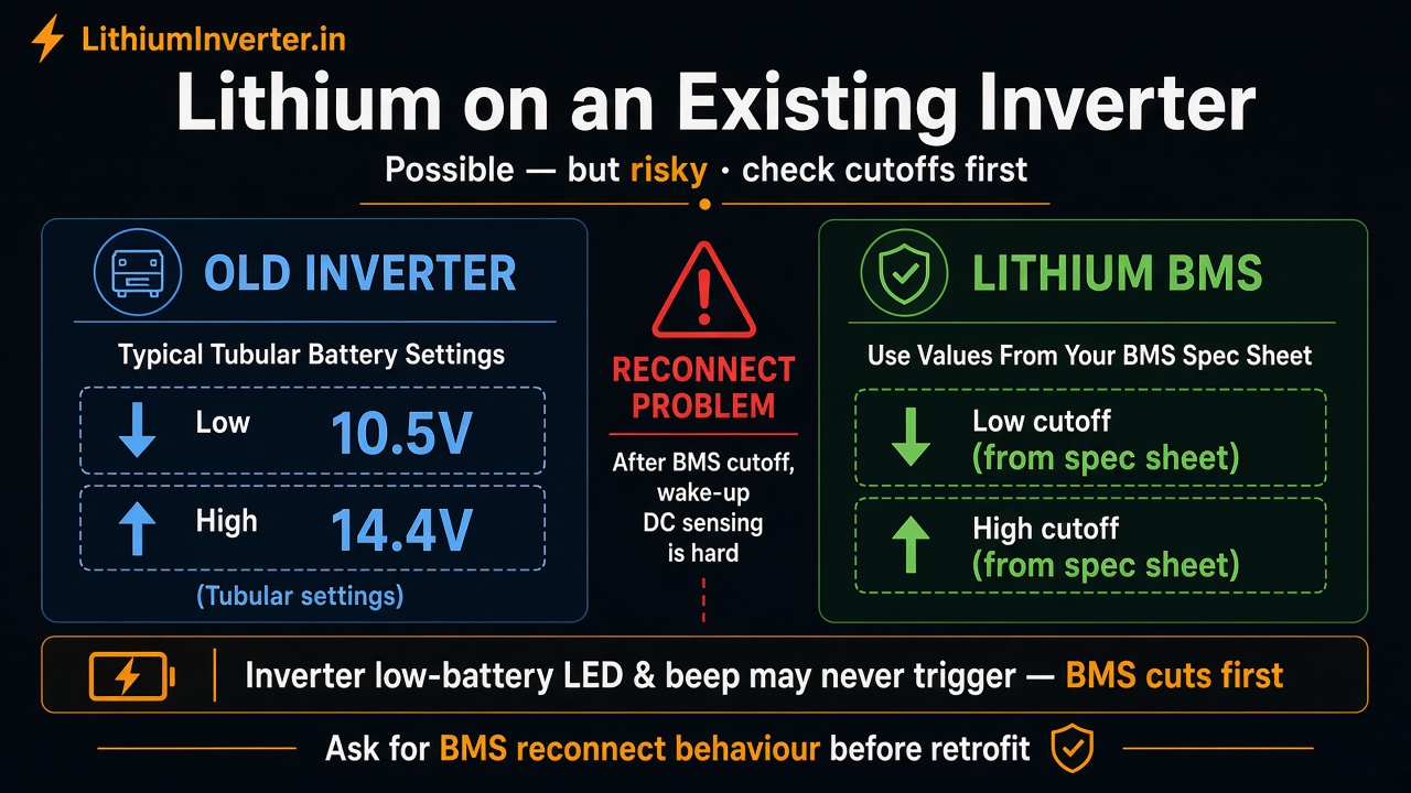 Infographic: lithium on an existing inverter — inverter cutoffs 10.5V/14.4V vs BMS cutoffs, reconnect problem, LED and beep may not trigger