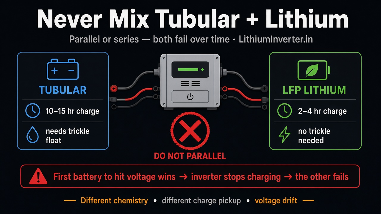 Infographic: never mix tubular and lithium in parallel — different charge times, trickle vs no trickle, first battery to hit voltage wins