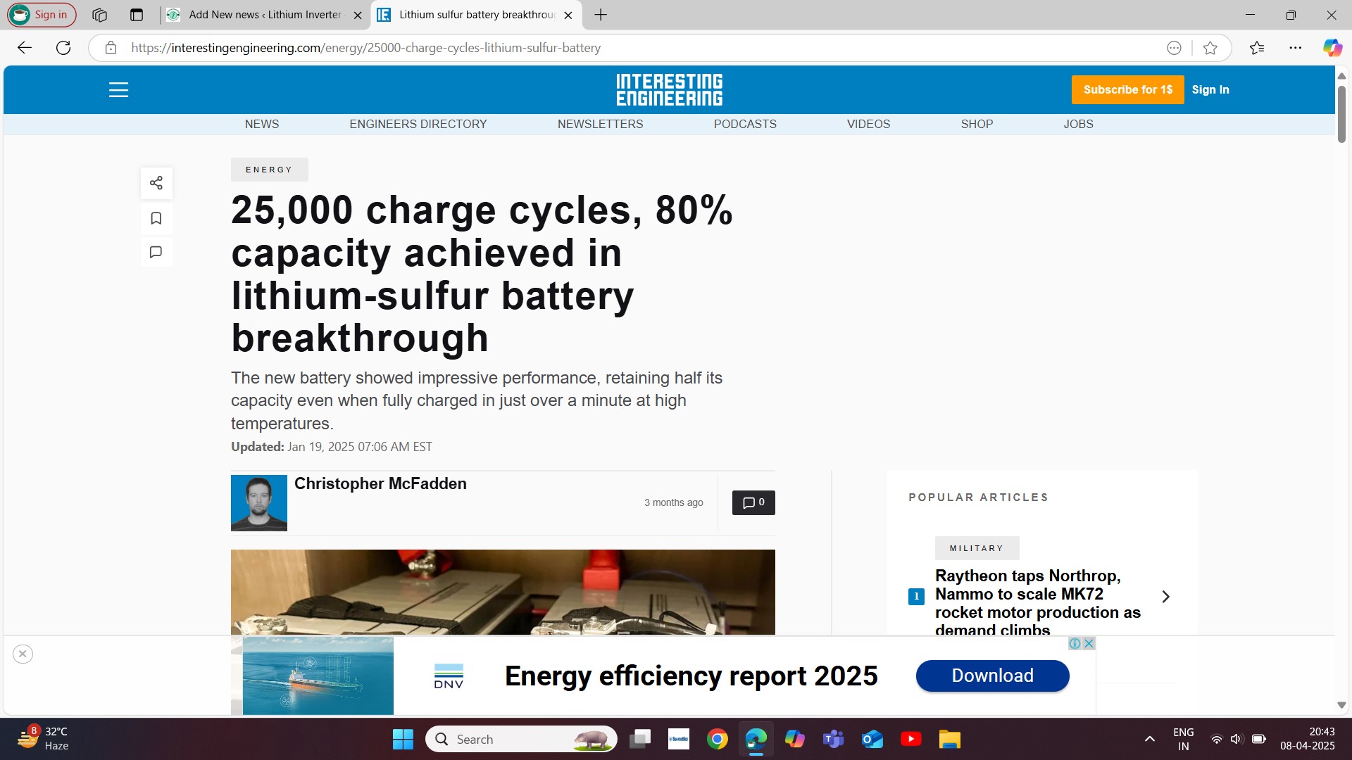 25k cycles achieved in Sulphur battery