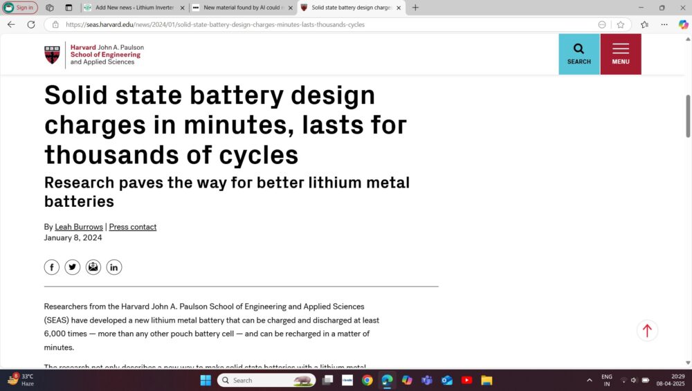 solid state battery Harvard School news